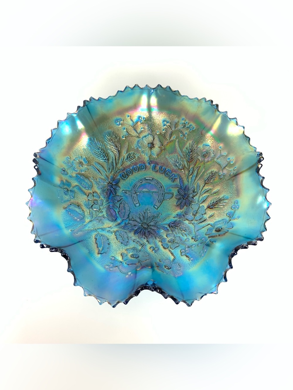 Northwood Good Luck Blue Carnival Glass Ruffled Bowl Horseshoe Flowers READ